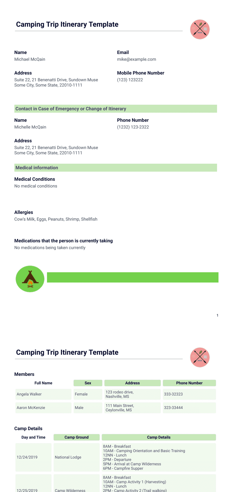 Camping Trip Itinerary Template