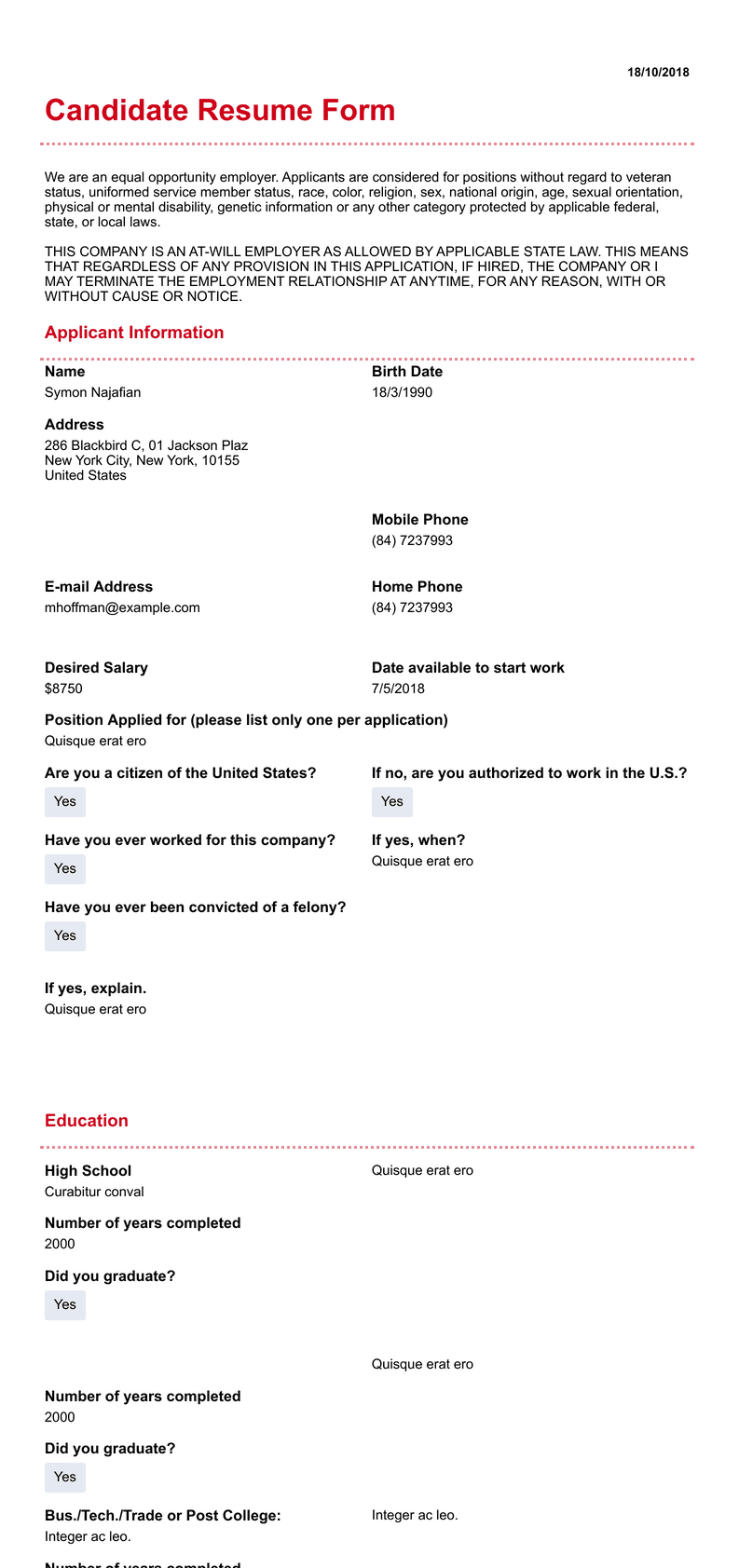 Candidate Resume Template