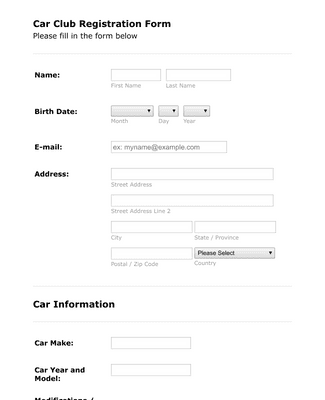 Form Templates: Car Club Registration Form
