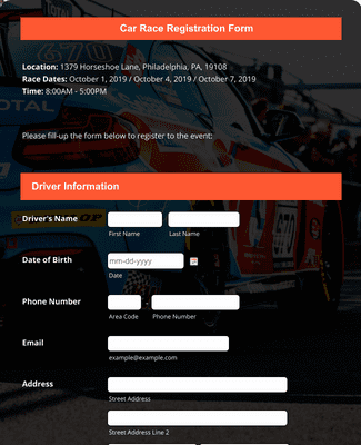 Car Race Registration Form Template
