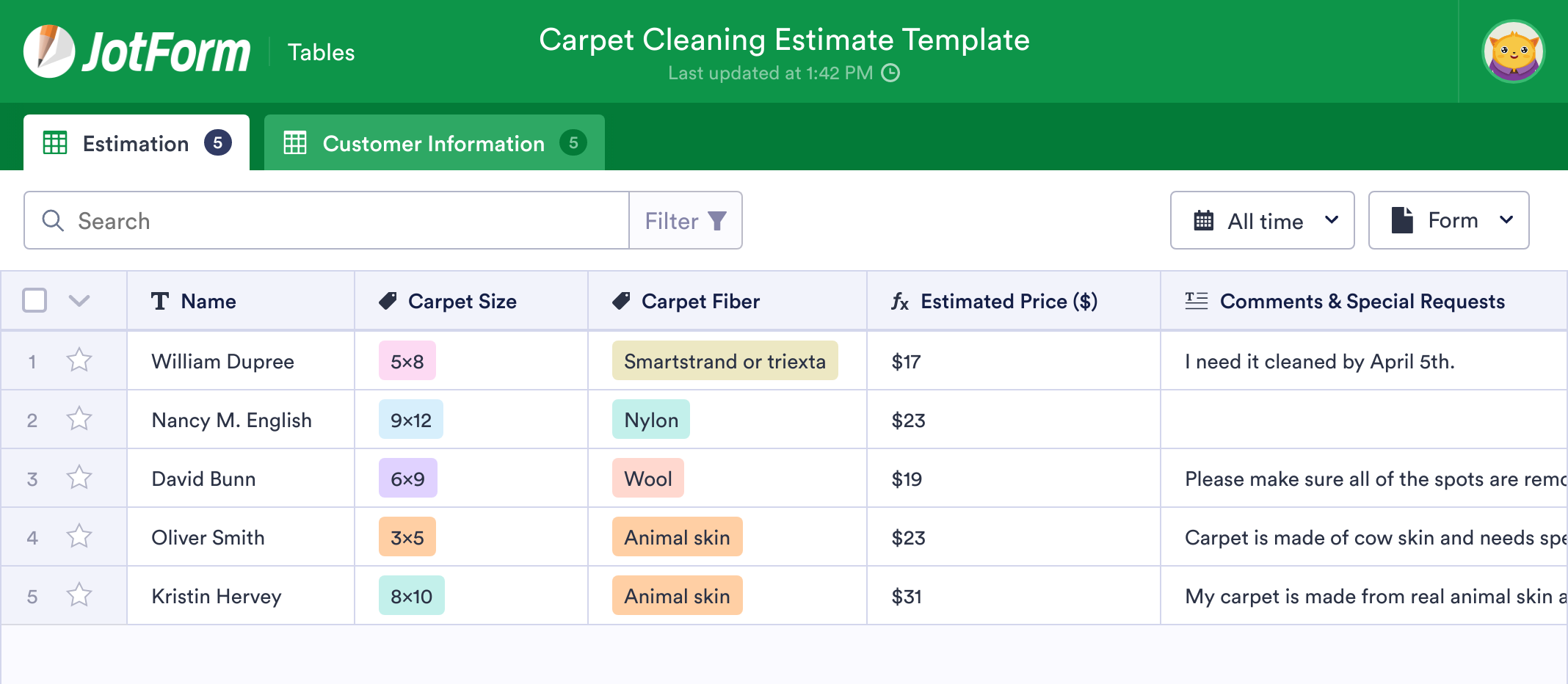 Carpet Cleaning Estimate Template JotForm Tables