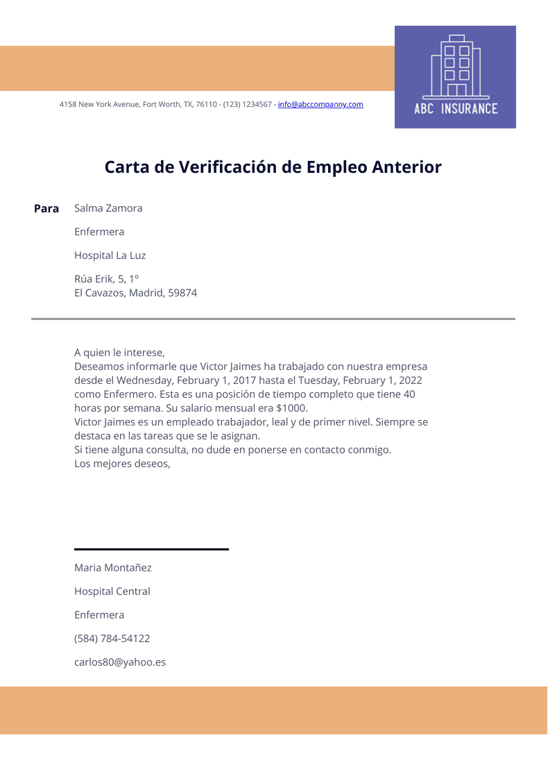 Carta de verificación de empleo anterior