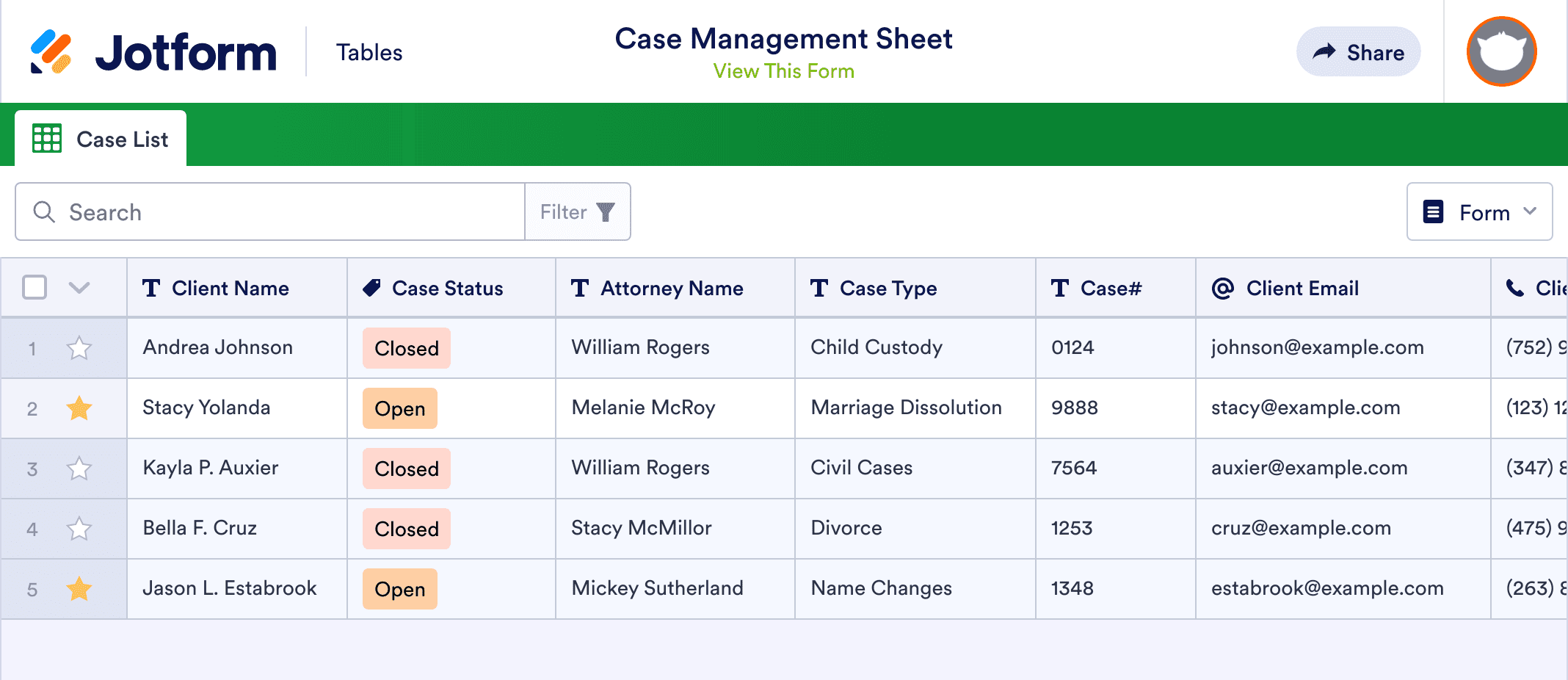Case Management Sheet Template Jotform Tables