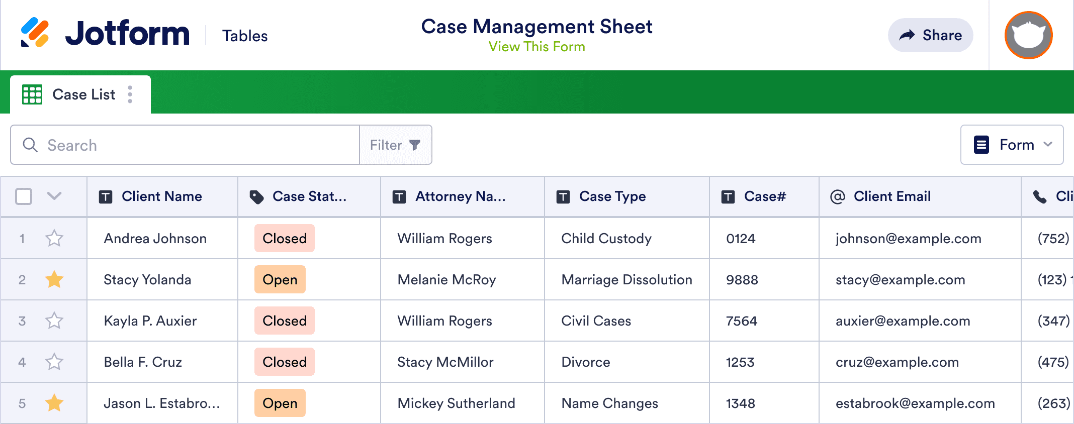 Case Management Sheet Template Jotform Tables