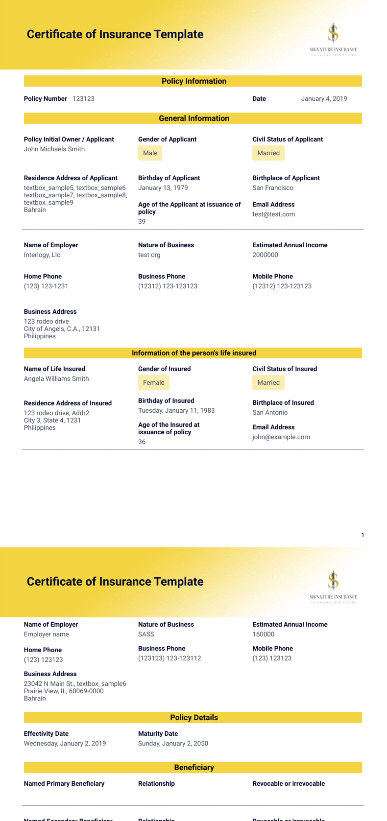 Certificate of Insurance Template