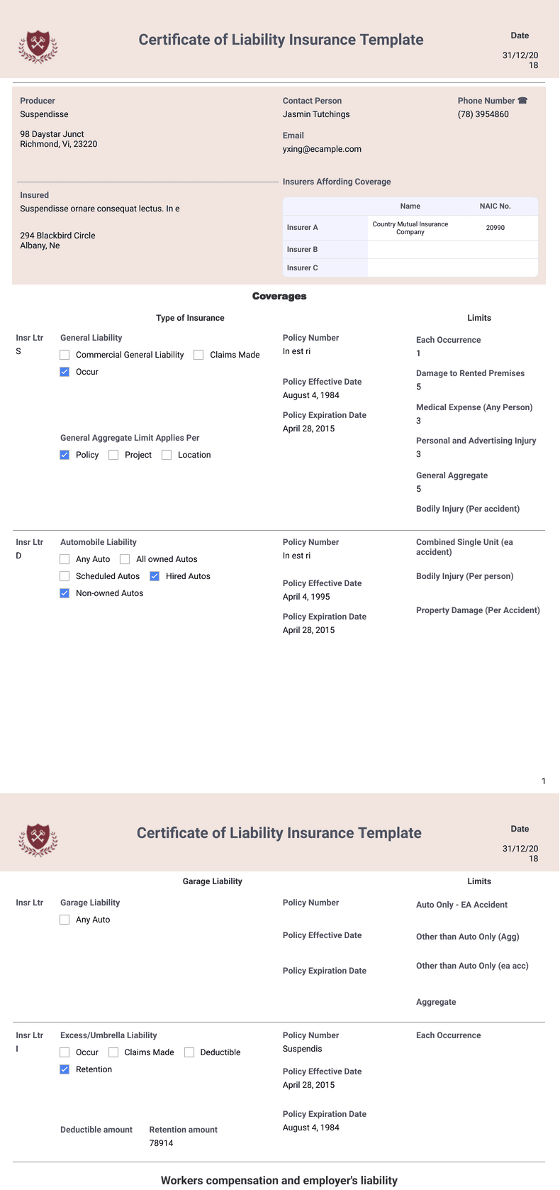 Certificate Of Liability Insurance Template