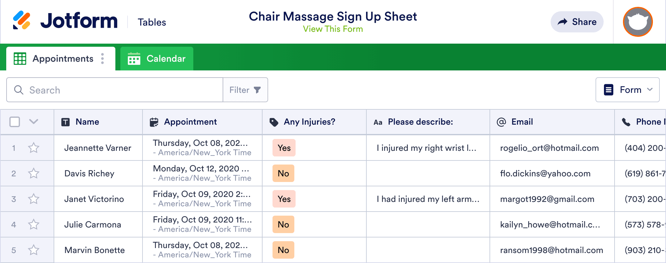 Chair Massage Sign Up Sheet