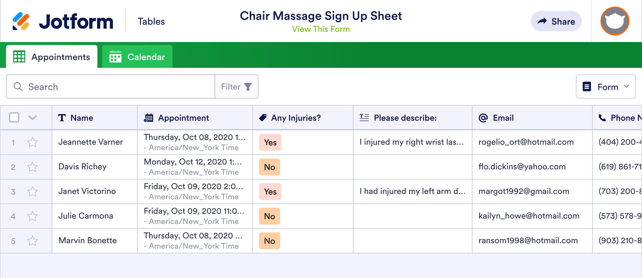Chair Massage Sign Up Sheet Template | Jotform Tables
