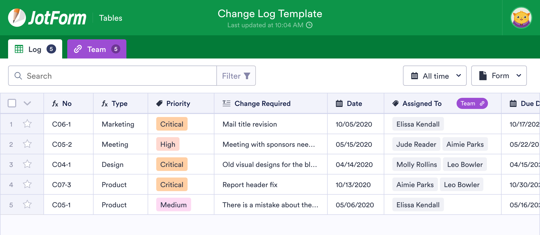 Change Log Template JotForm Tables