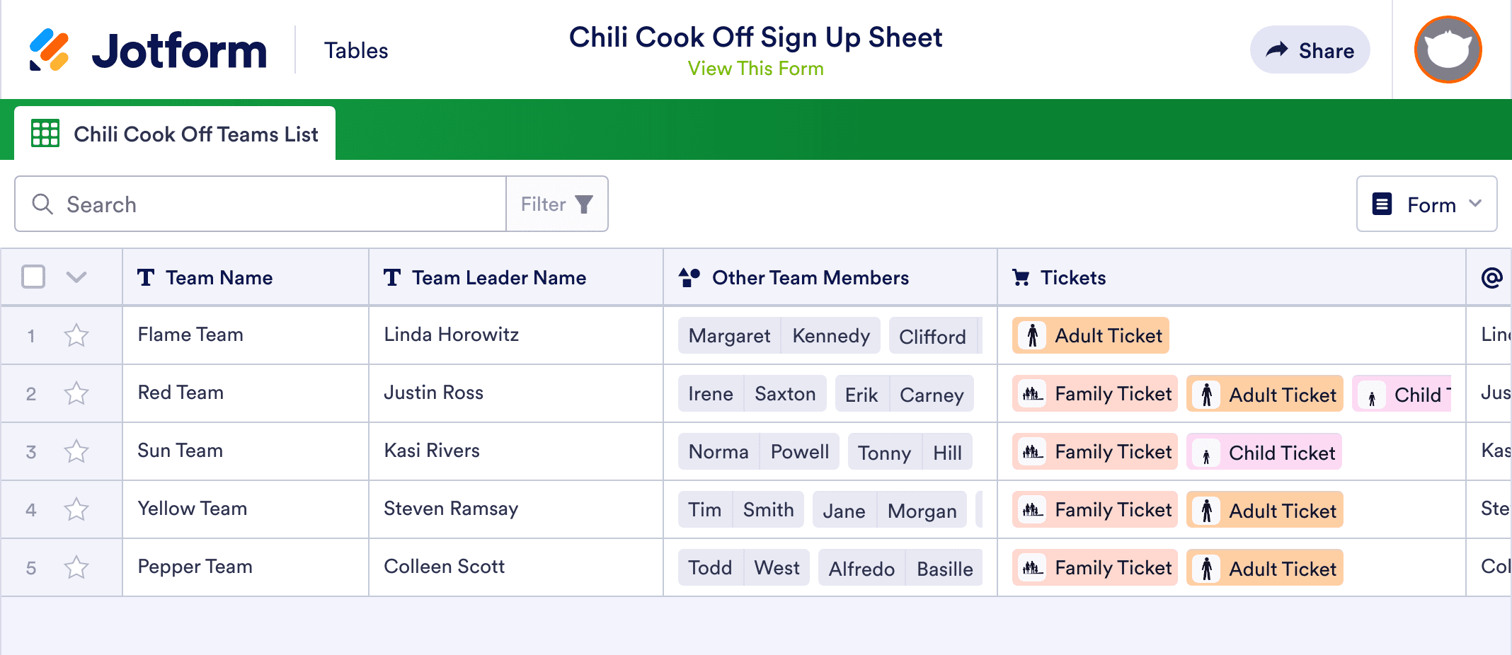 Chili Cook Off Sign Up Sheet