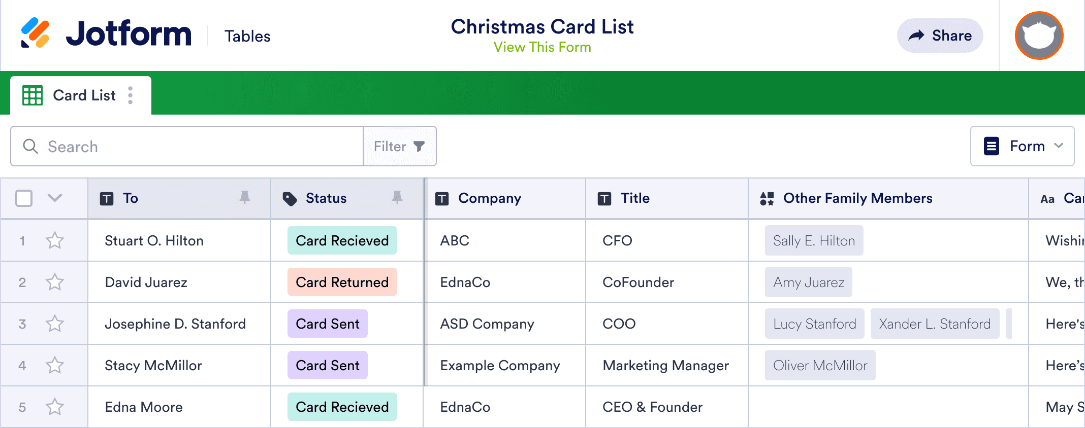Christmas Card List Template | Jotform Tables