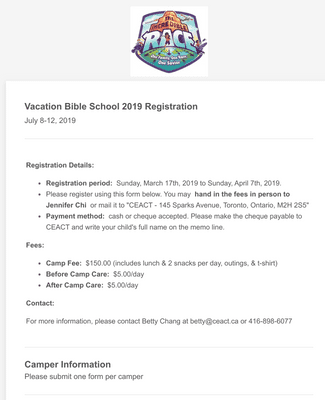 Church Camp Registration Form