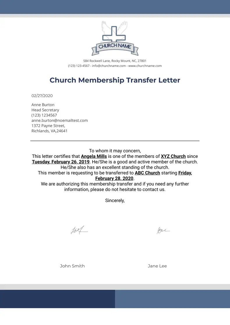 Church Membership Transfer Letter