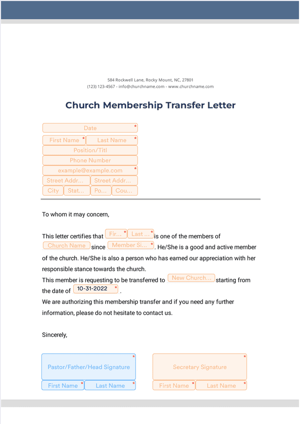 Sign Templates: Church Membership Transfer Letter