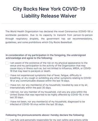 City Rocks New York COVID-19 Liability Release Waiver