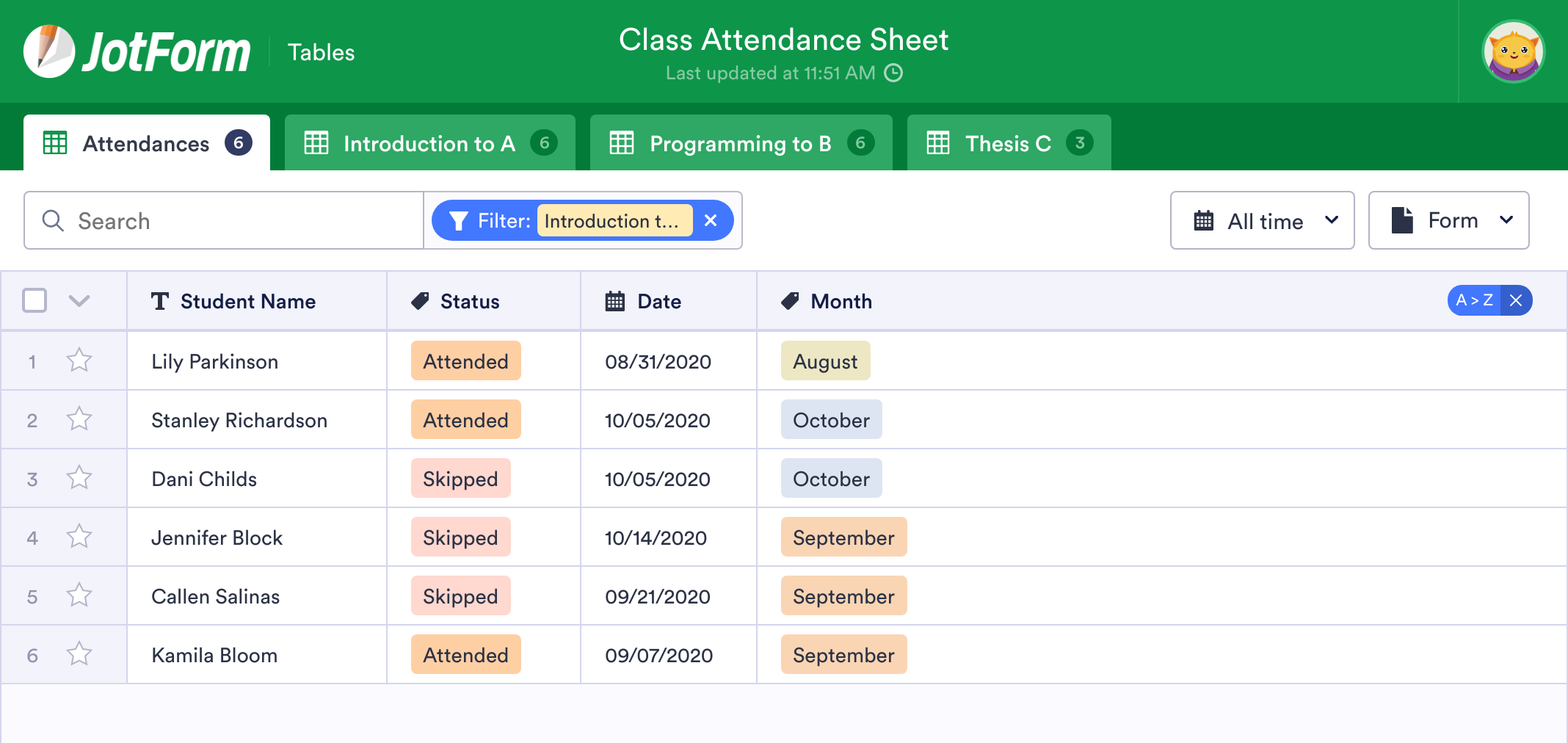 Class Attendance Sheet Template | JotForm Tables
