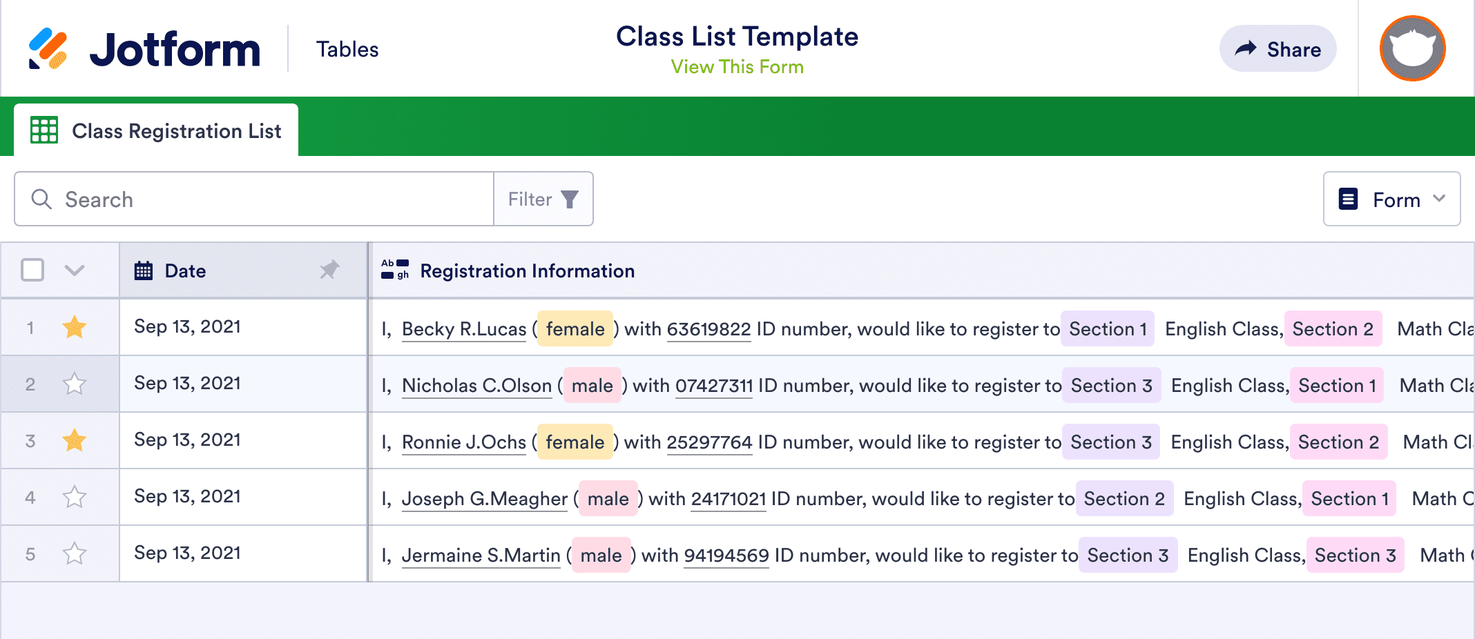 Class List Template