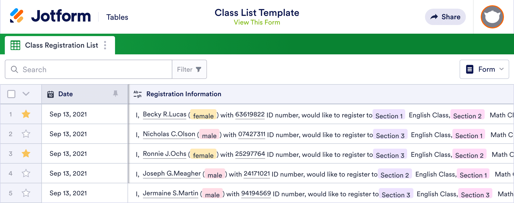Class List Template