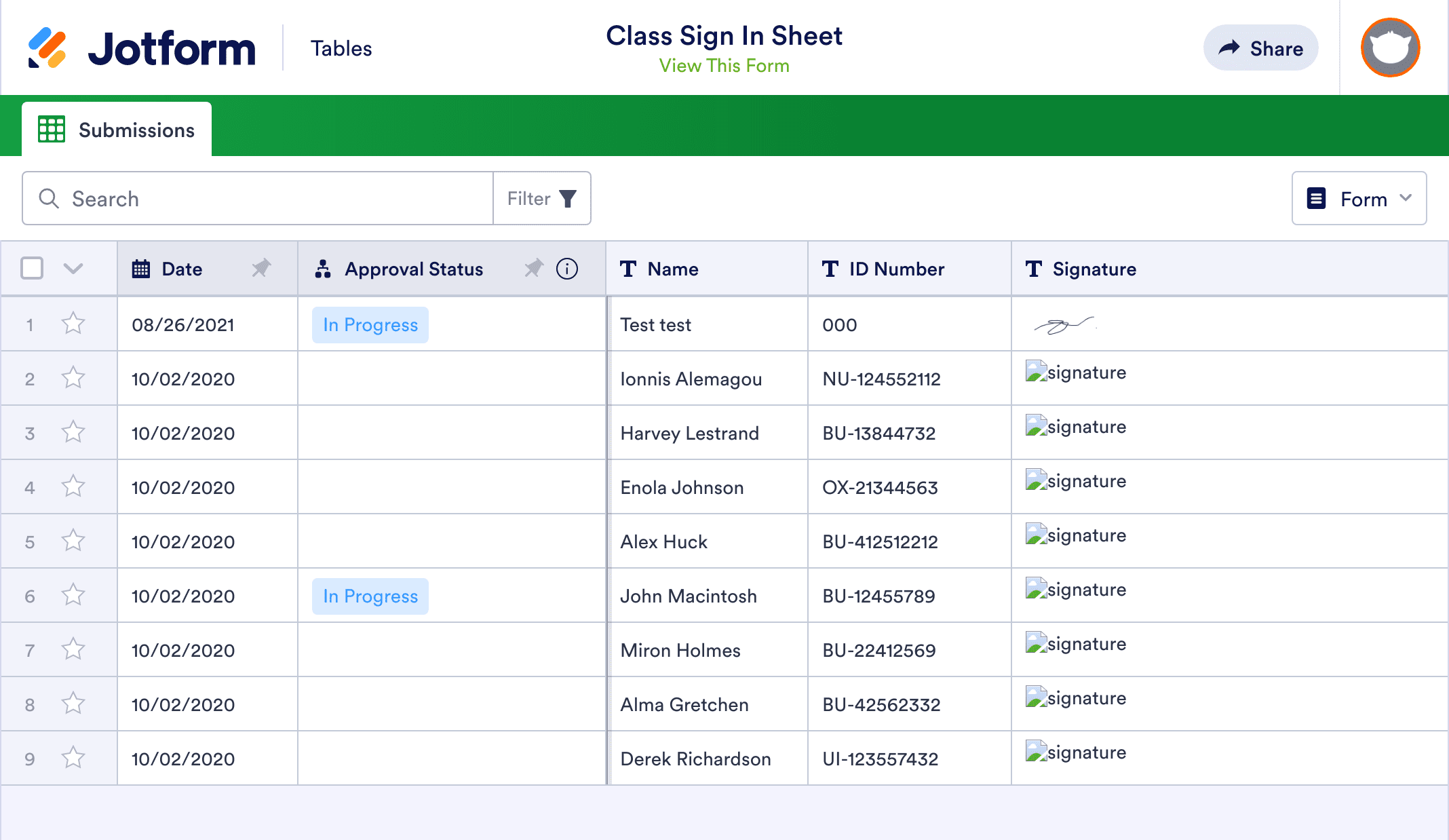 Class Sign In Sheet