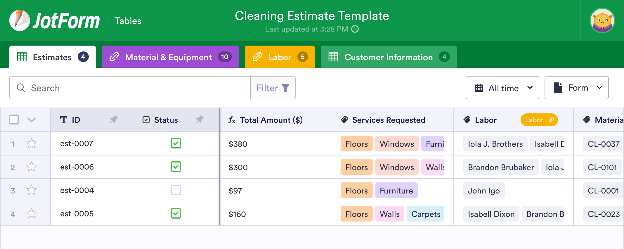 Cleaning Estimate Template | JotForm Tables