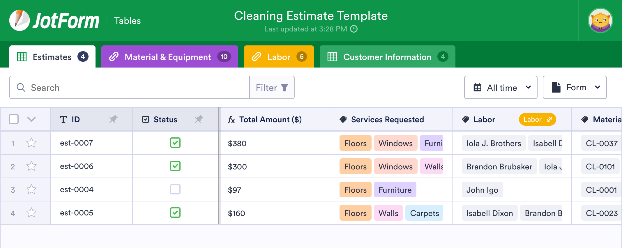 Cleaning Estimate Template JotForm Tables