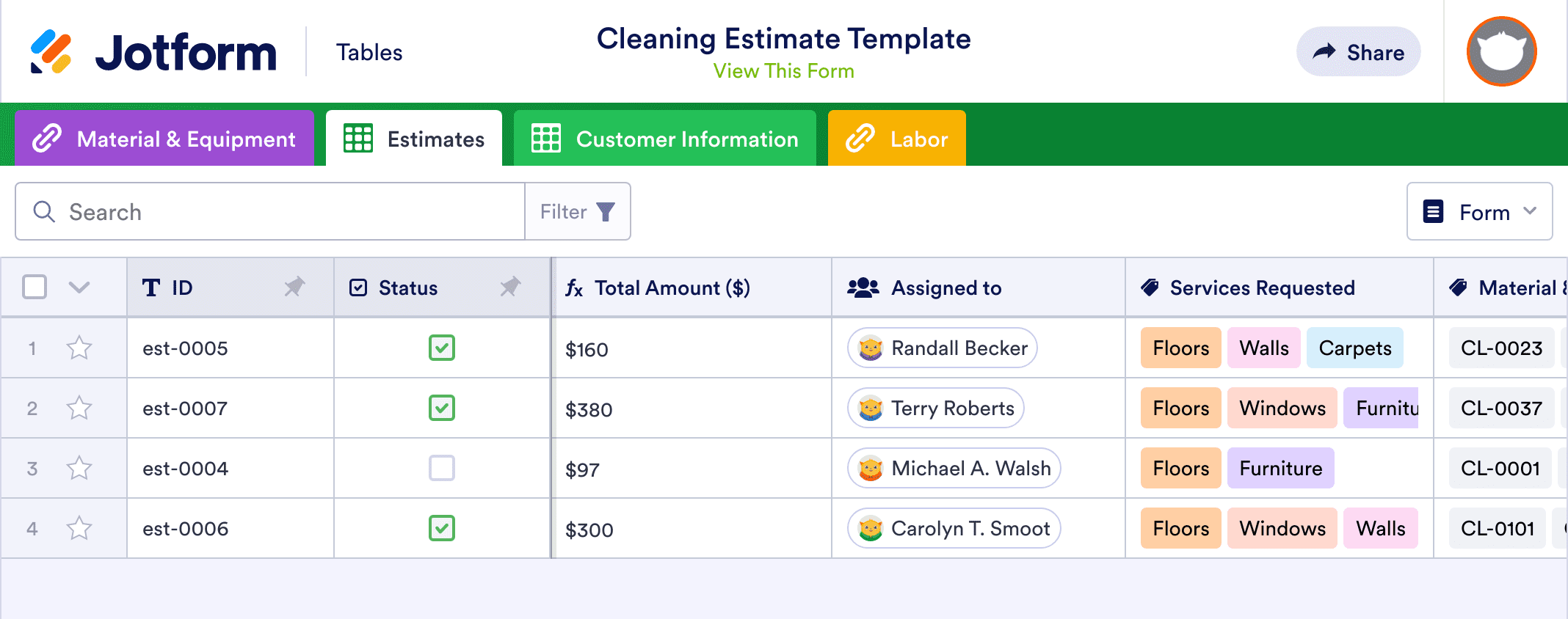 Cleaning Estimate Template | Jotform Tables