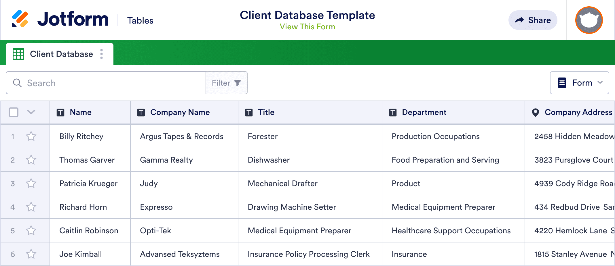 Client Database Template Jotform Tables