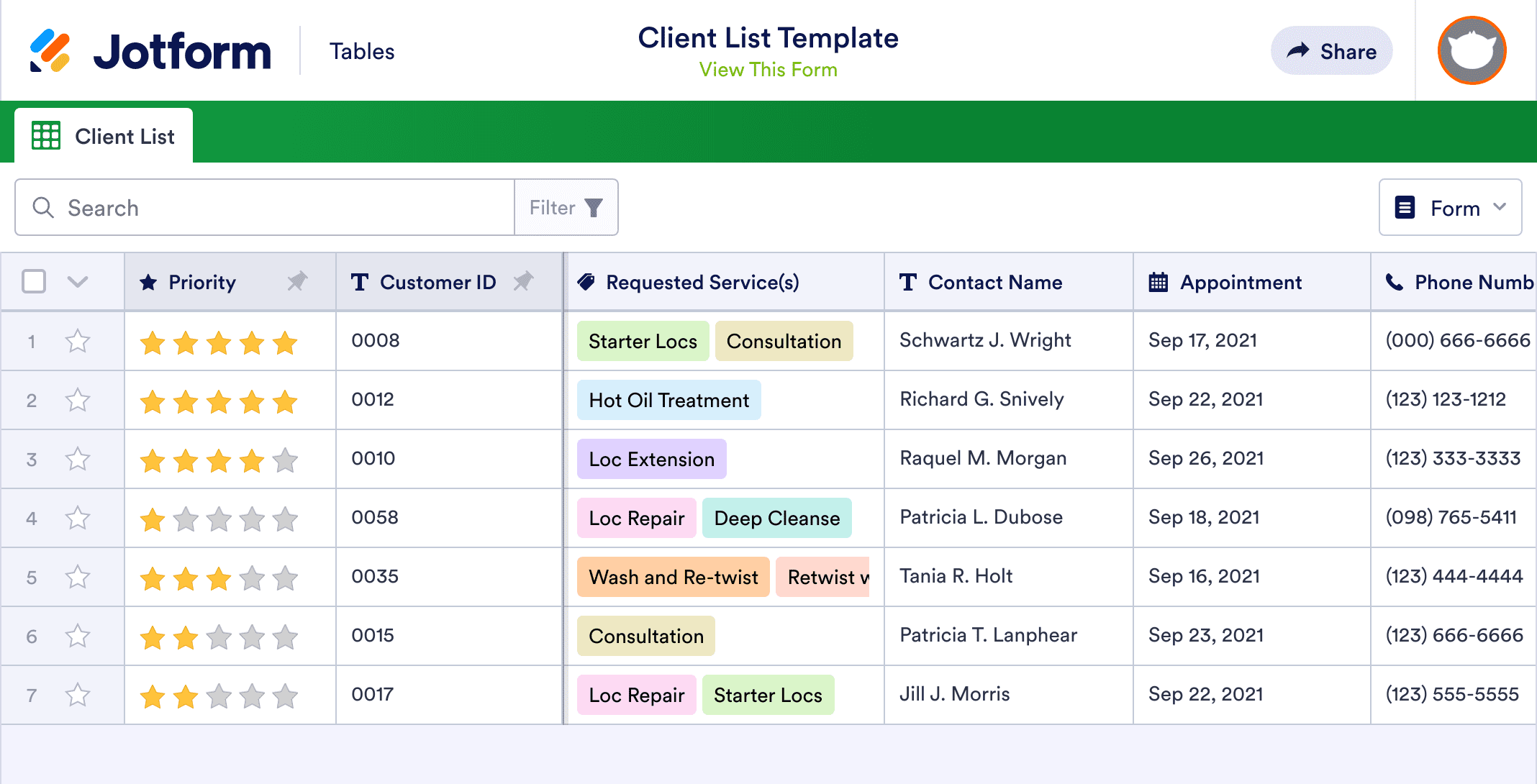 Client List Template Jotform Tables