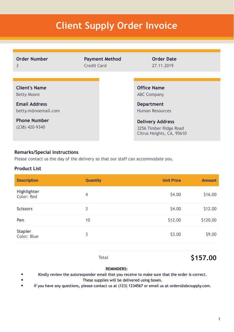 Client Supply Order Invoice Template