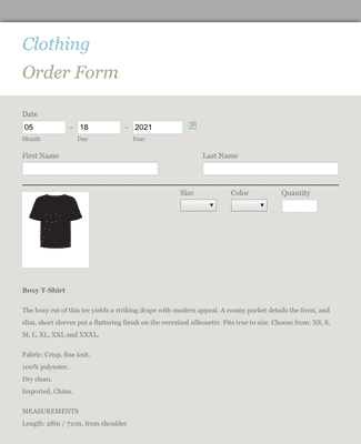 Clothing Order Form