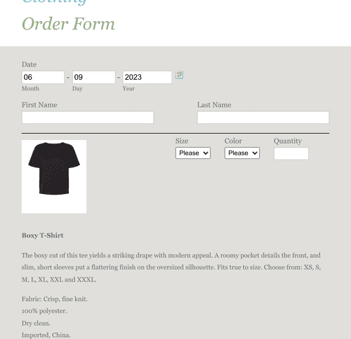 Form Templates: Clothing Order Form