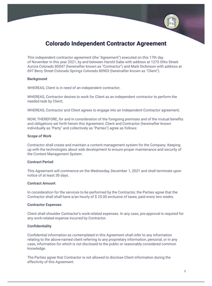 Colorado Independent Contractor Agreement