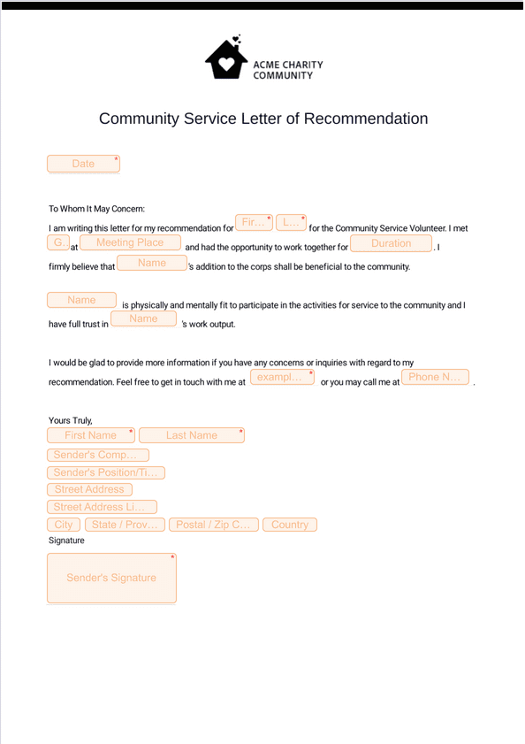 Community Service Letter of Recommendation - Sign Templates | Jotform