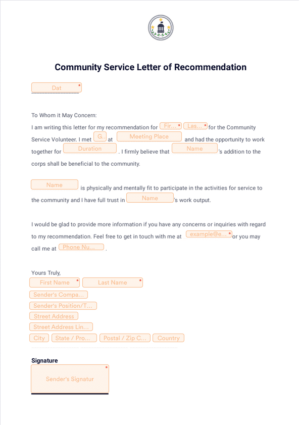 Sign Templates: Community Service Letter of Recommendation