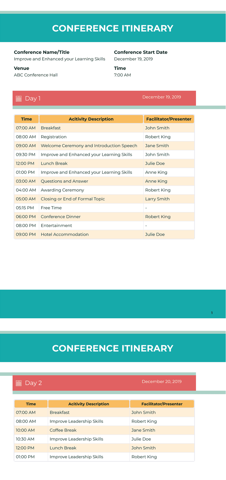 Conference Day Guide Example Conference Itinerary Template - PDF Templates | Jotform