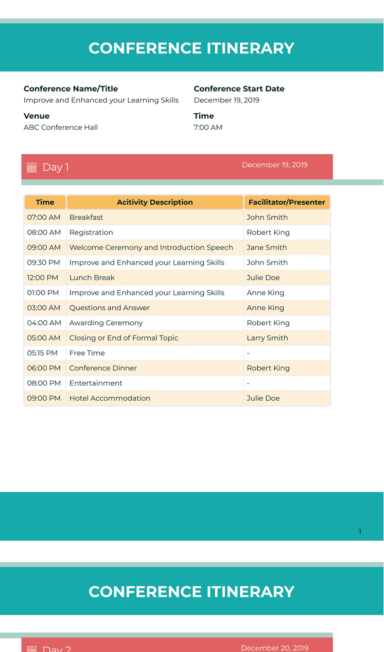 Conference Itinerary Template PDF Templates Jotform