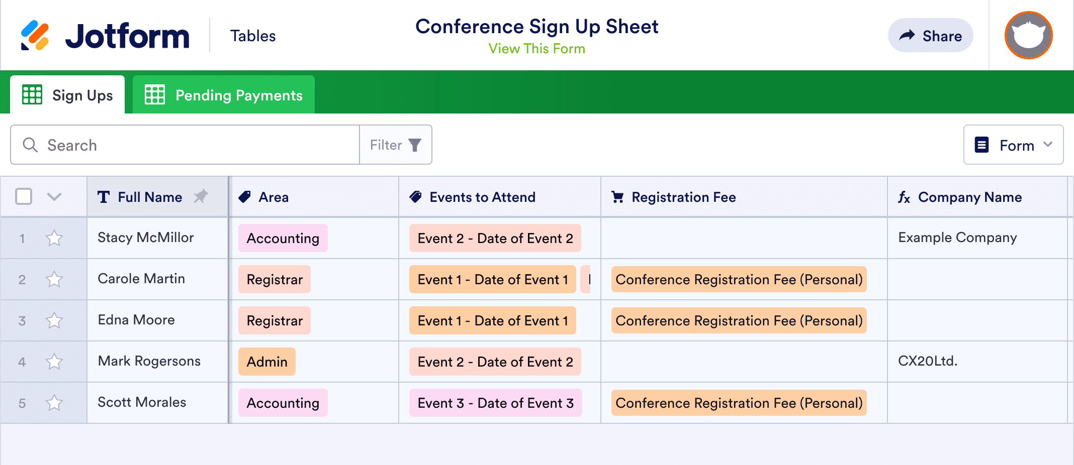Conference Sign Up Sheet