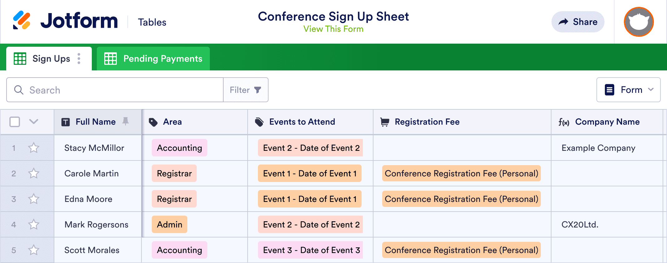 Conference Sign Up Sheet Template Jotform Tables
