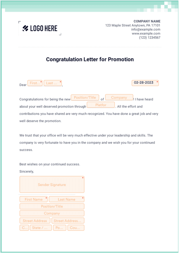 Congratulations Promotion Note Congratulation Letter for Promotion - Sign Templates | Jotform