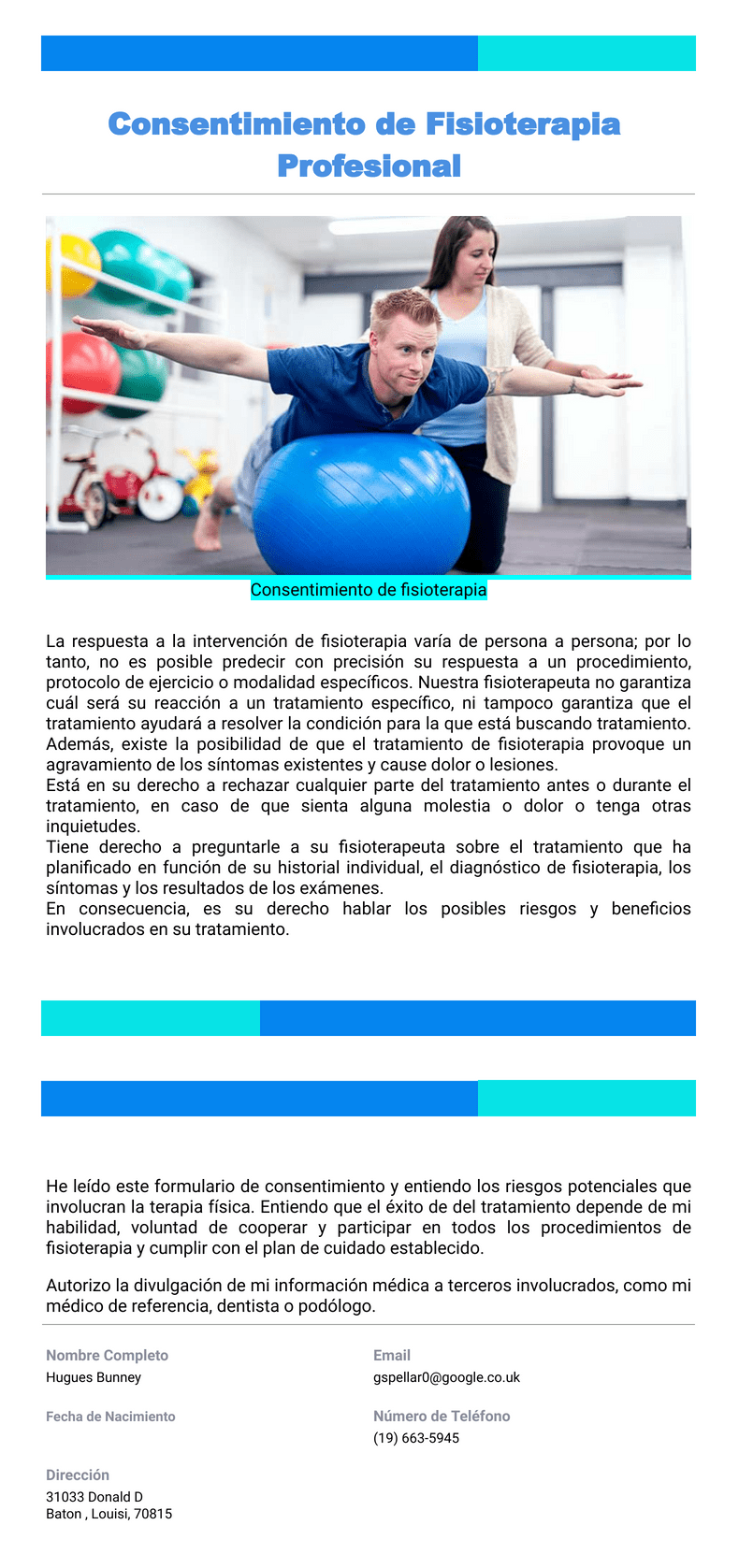 PDF Templates: Consentimiento de Fisioterapia Profesional Plantilla