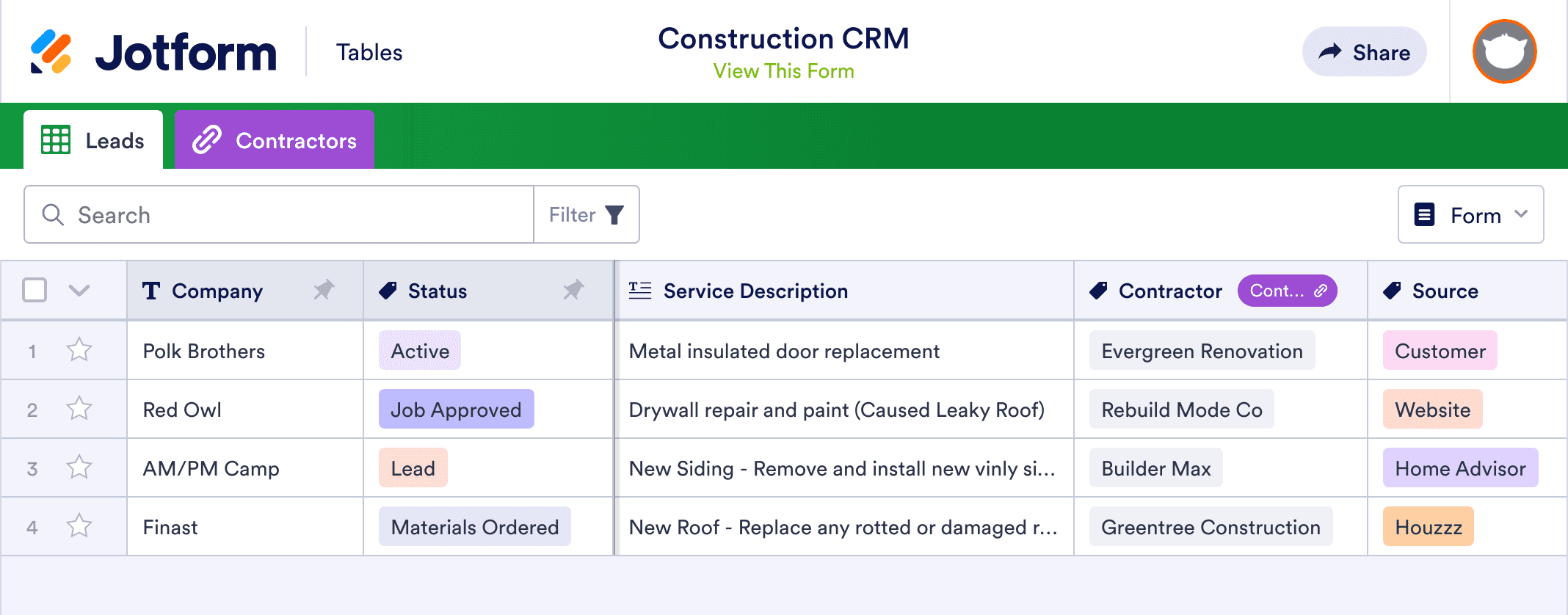 Construction CRM Template | Jotform Tables