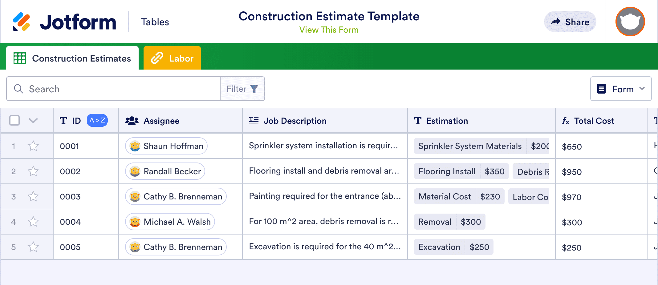 Construction Estimate Template