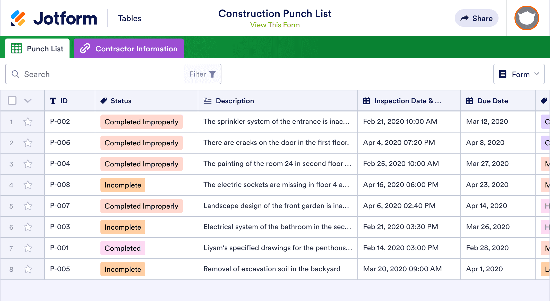 Construction Punch List Template | Jotform Tables