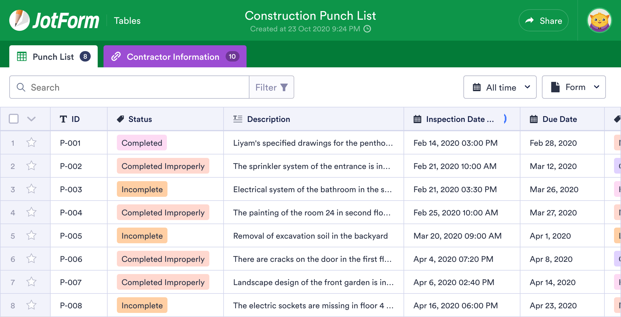 Construction Punch List Template JotForm Tables