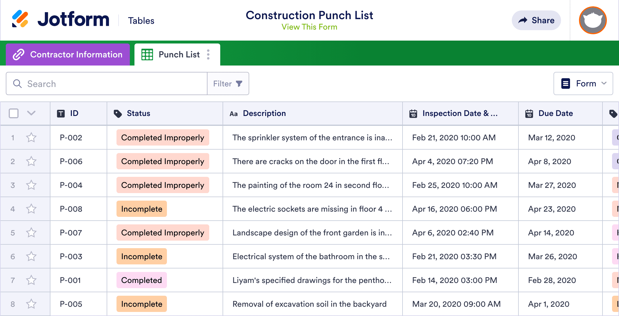 Construction Punch List Template Jotform Tables
