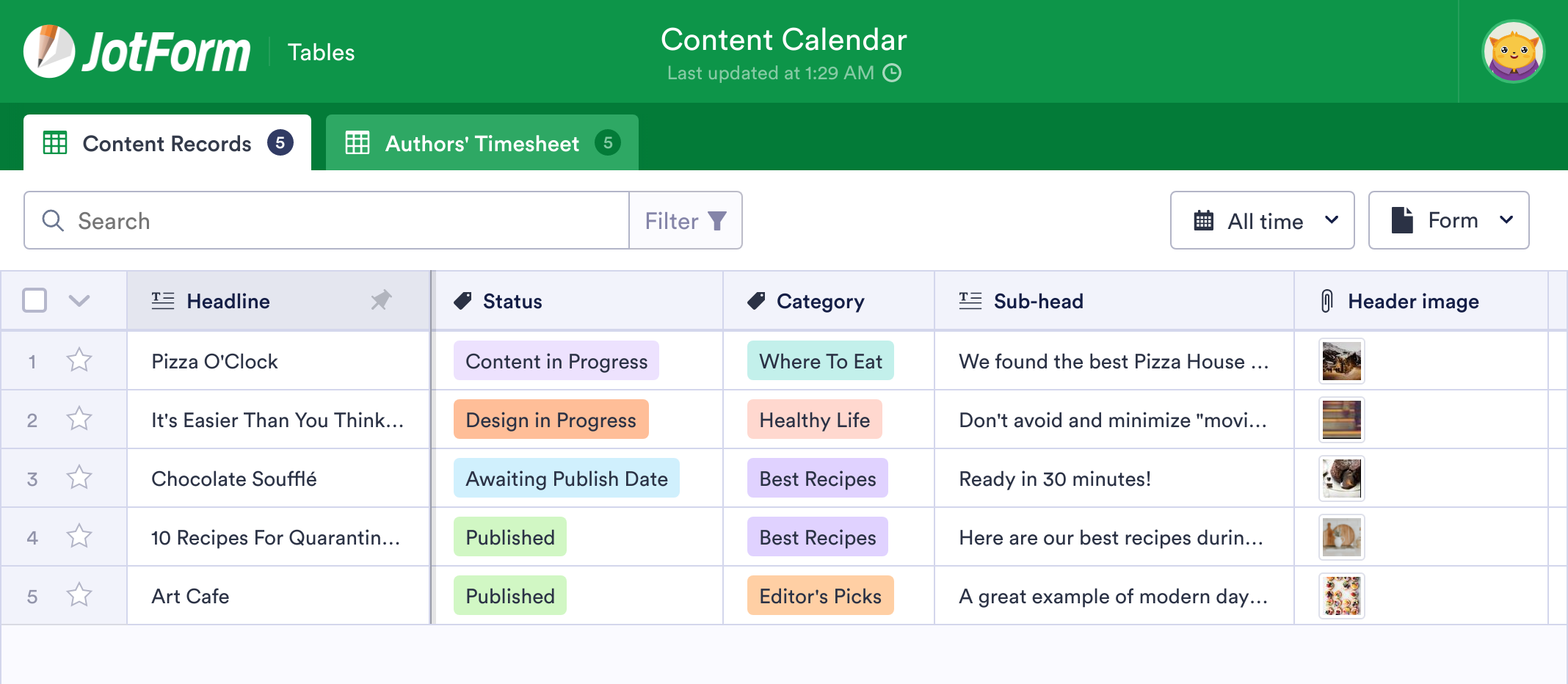 Content Calendar Template | JotForm Tables