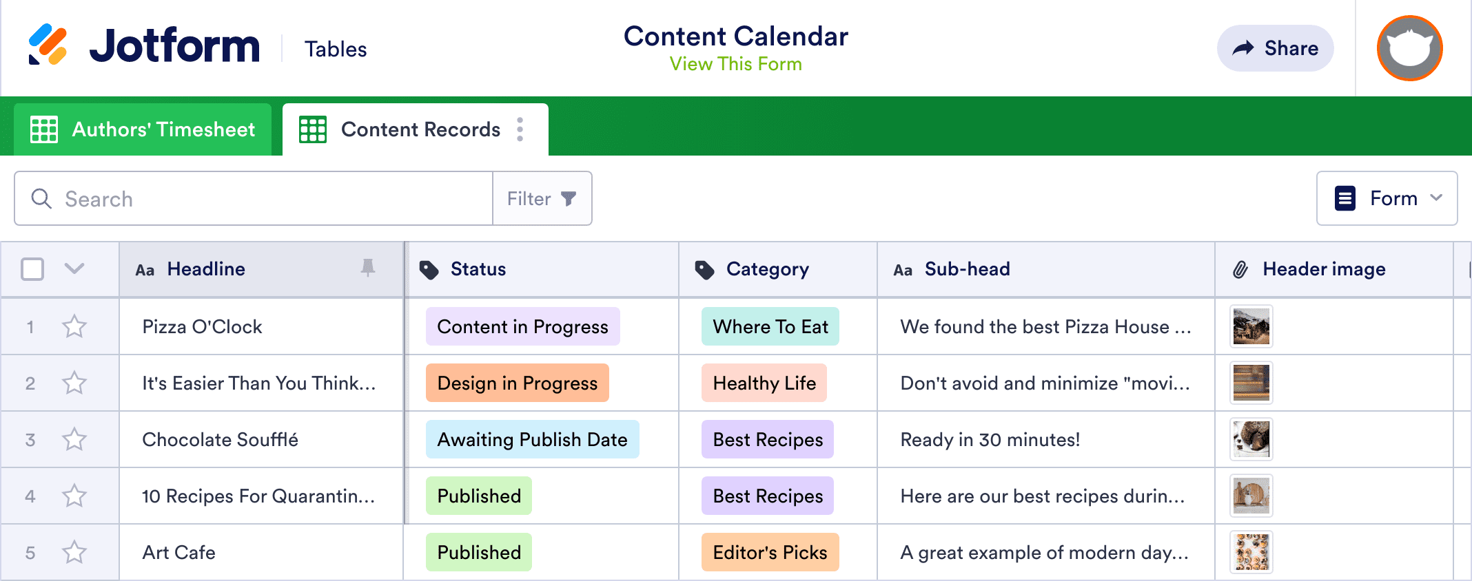 Content Calendar Template | Jotform Tables