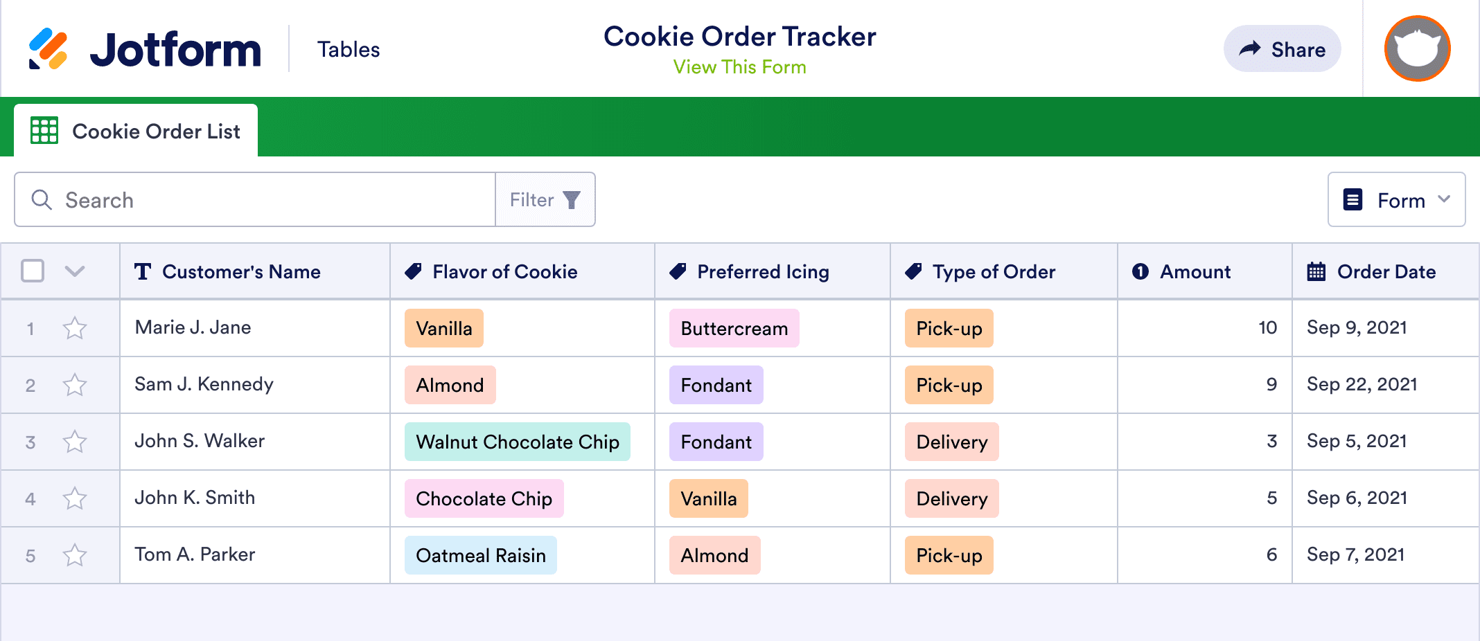 Cookie Order Tracker Template | Jotform Tables