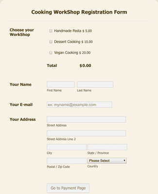 Form Templates: Cooking WorkShop Registration Form PayPal Standard