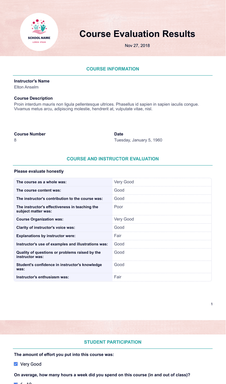 Course Evaluation Form Template